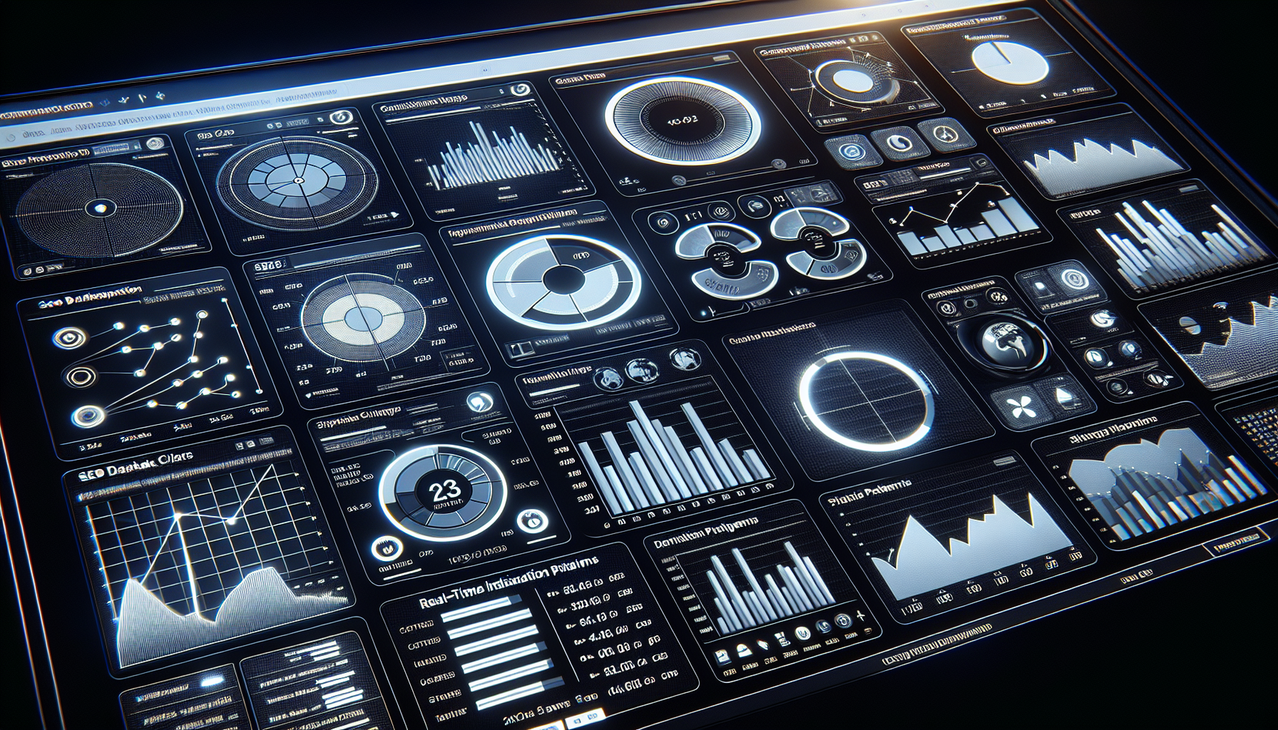 Computer screen showing SEO dashboard with graphs and charts.