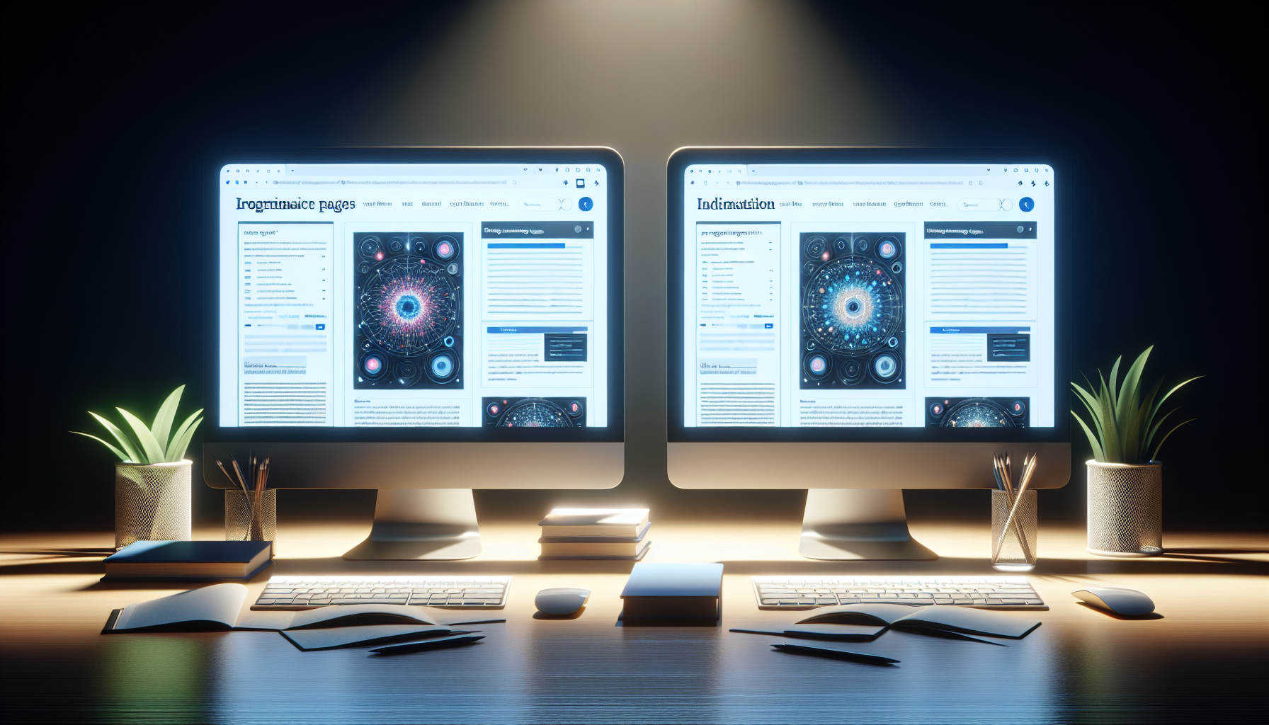 Dual monitors showing different page versions for A/B testing.