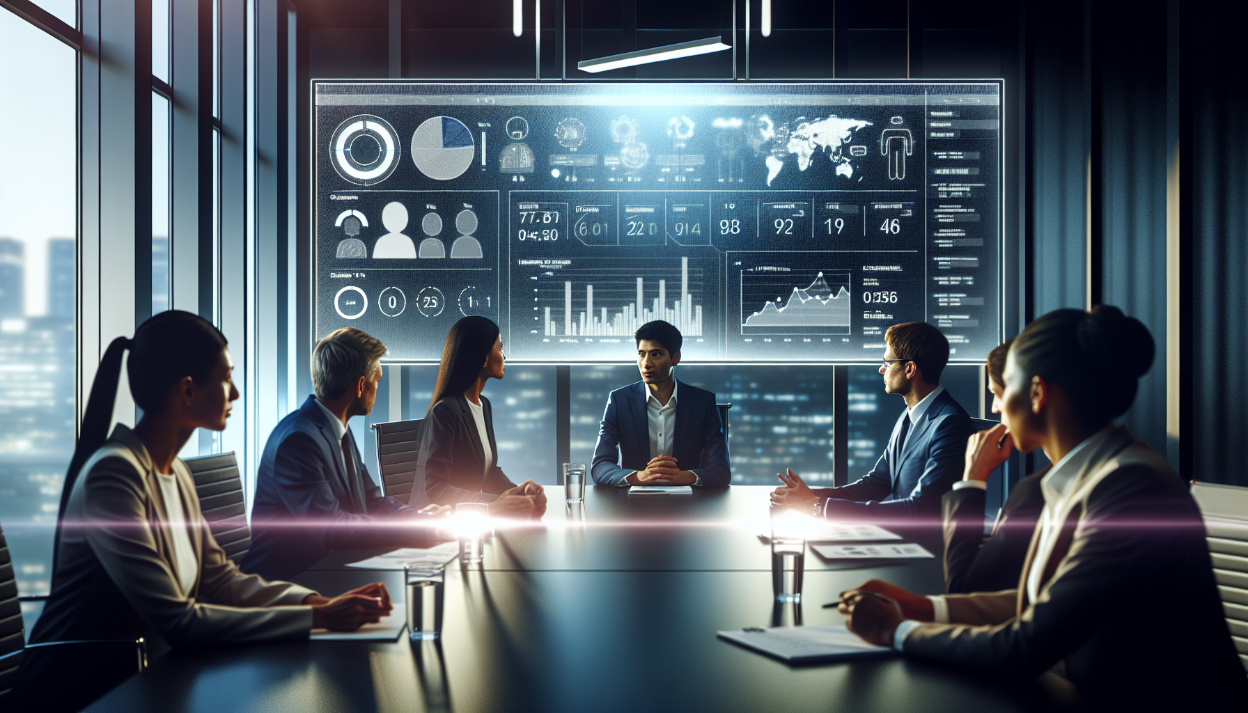 Executives discussing project scale in a meeting room with digital board.