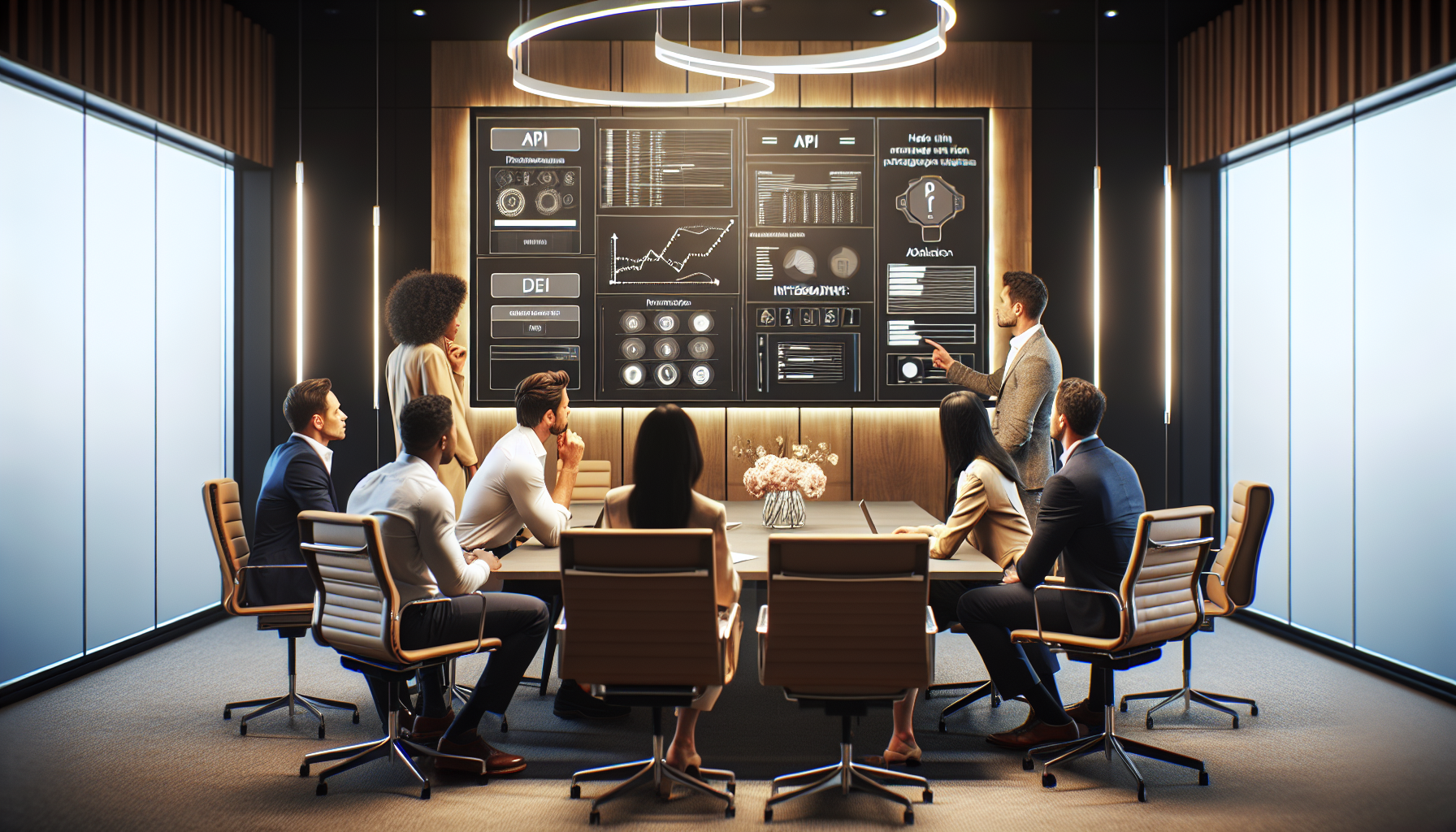 Professionals analyzing API data on a large screen.