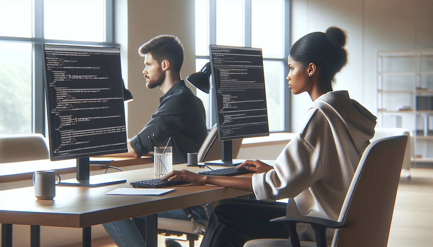 Developers working with API documentation on computer screens.