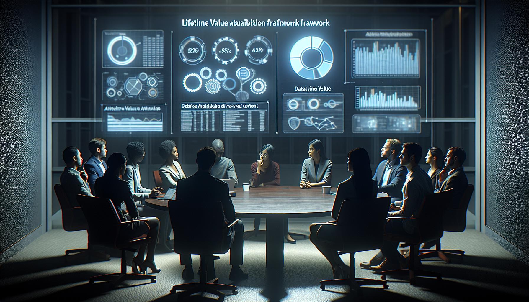 Team meeting analyzing lifetime value attribution with charts on screen