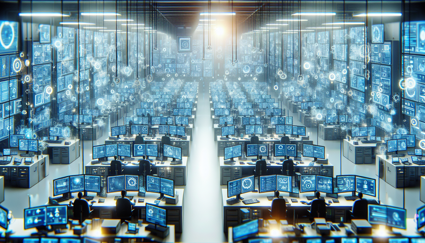 Workspace with monitors showing licensed API interfaces for data access.