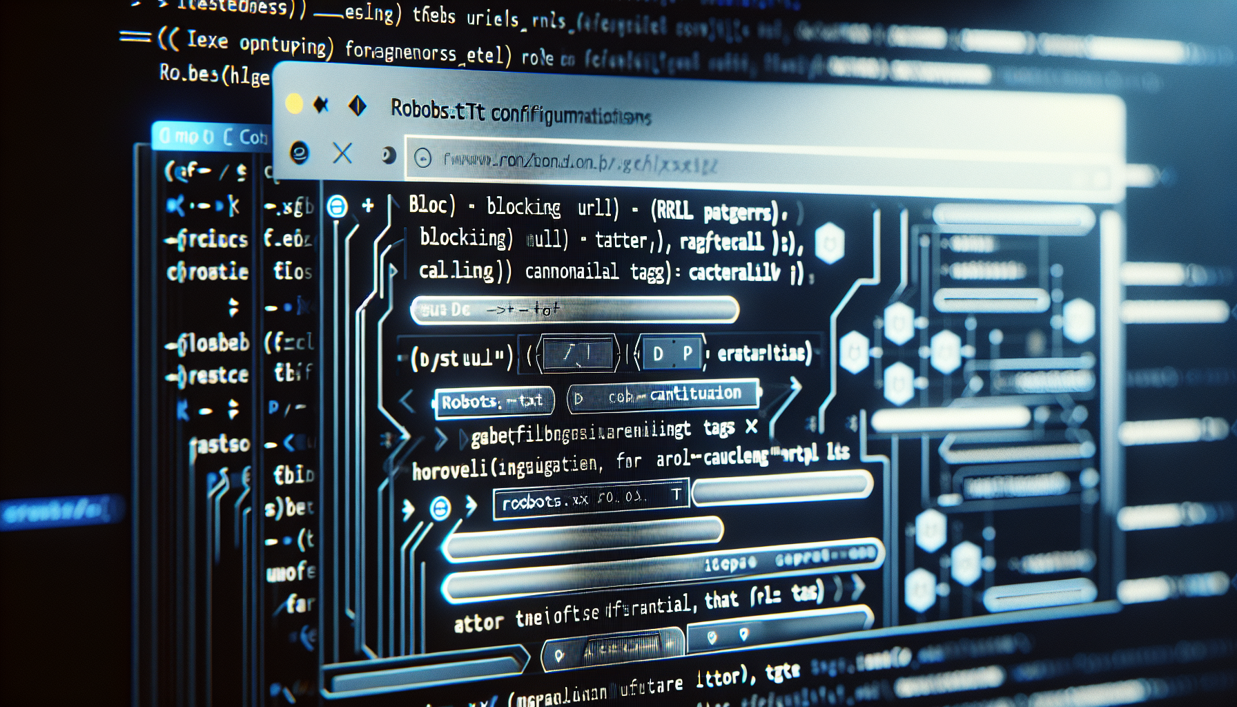 Computer screen with robots.txt configurations, blocking and canonical tags.