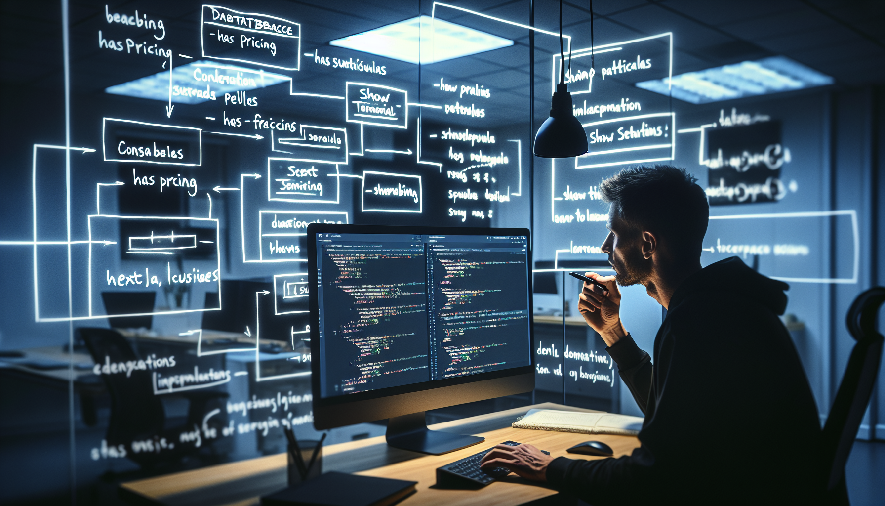 Developer configuring database on monitor with conditional logic notes.