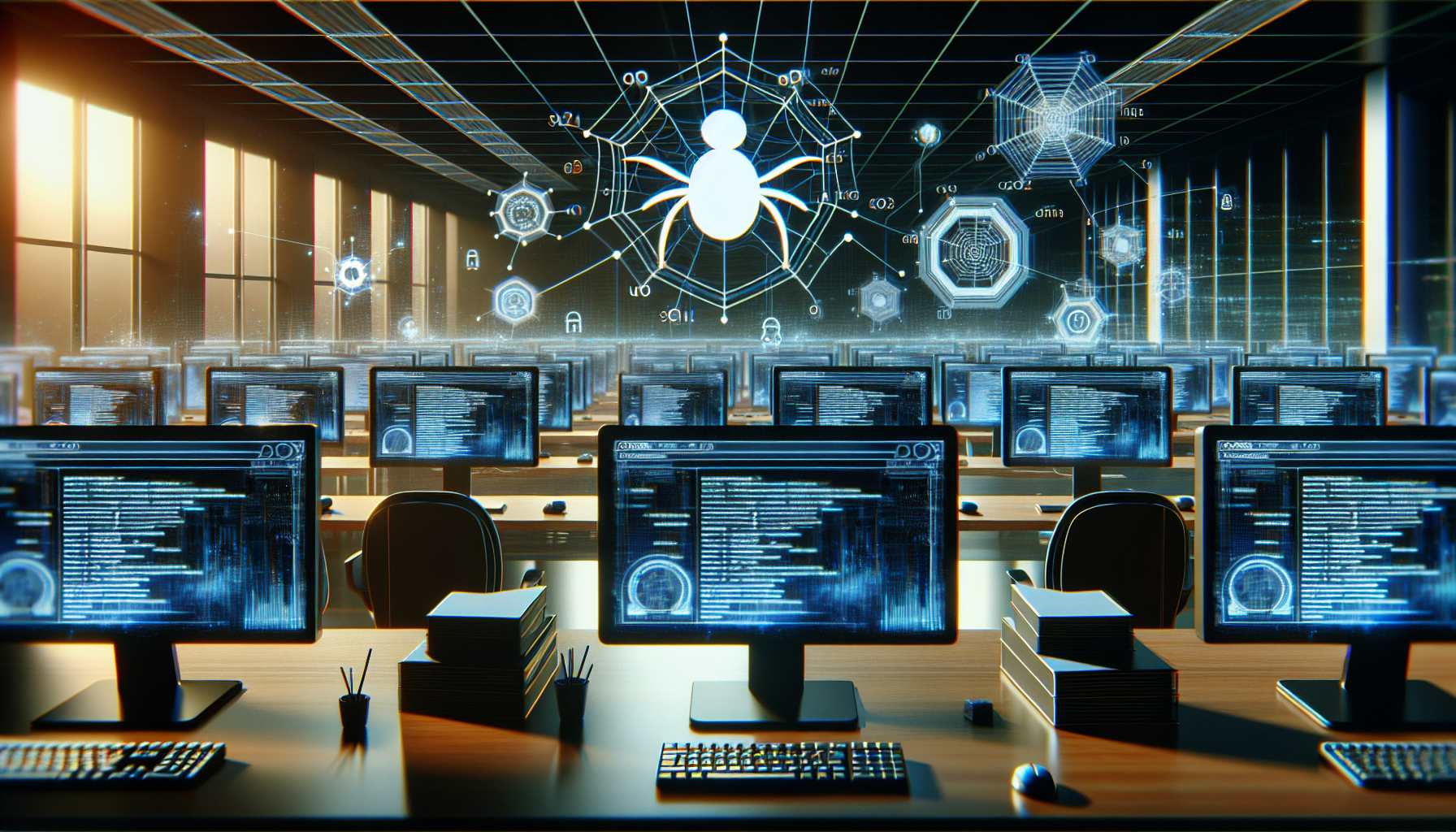 Tech office with computers running schema validation software.