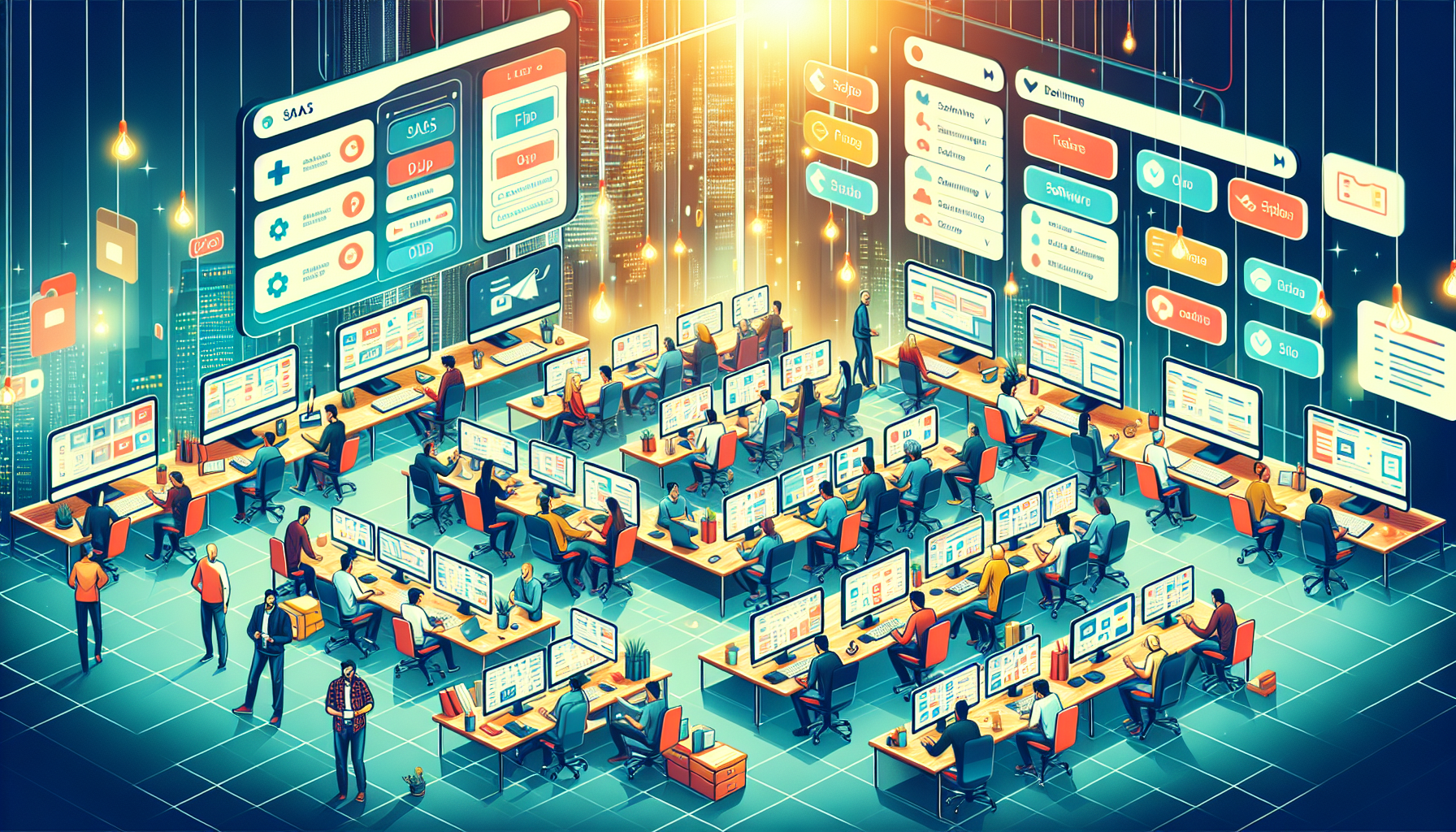Developers in office collaborate on software directories with screens.