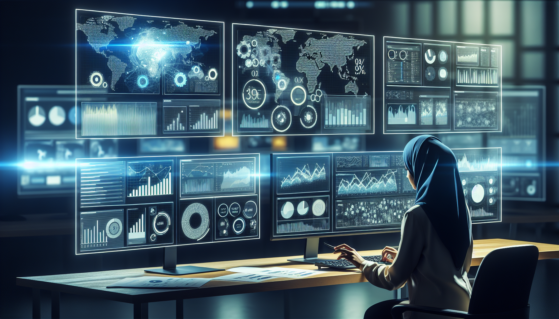 Business strategist analyzing models on multi-screen setup.