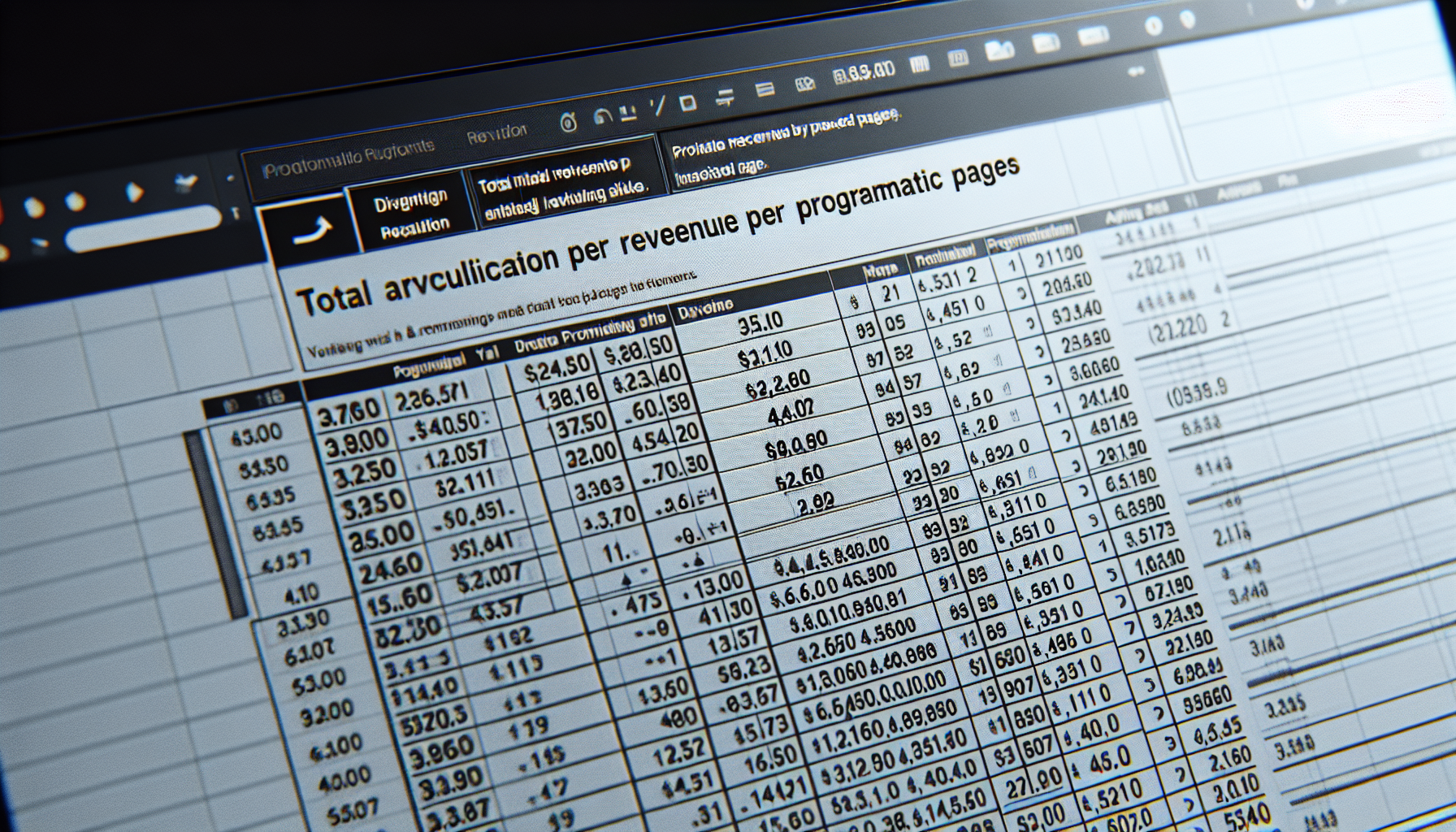 Computer screen with spreadsheet data calculating revenue per programmatic page