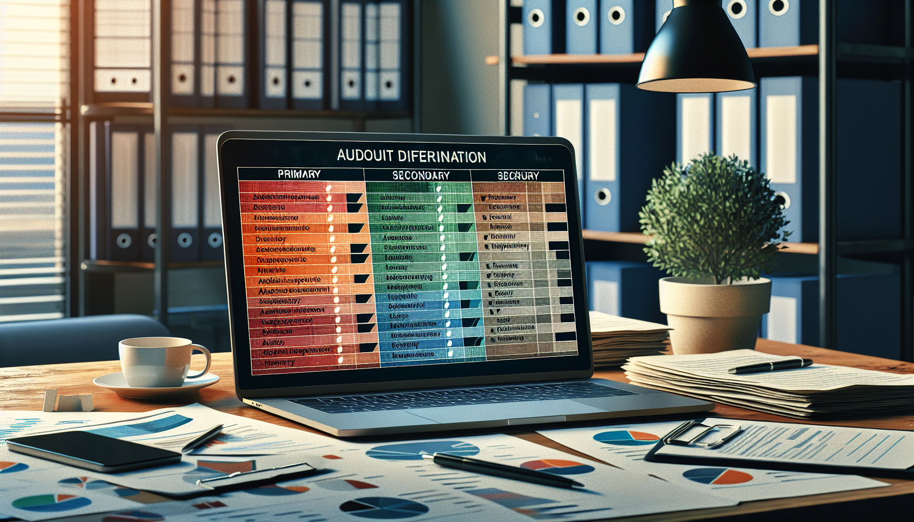 Desk with audit checklist categorizing data fields by type.