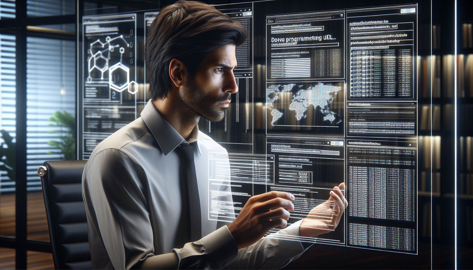 Tech analyst reviews URL variants on multiple screens in an office.