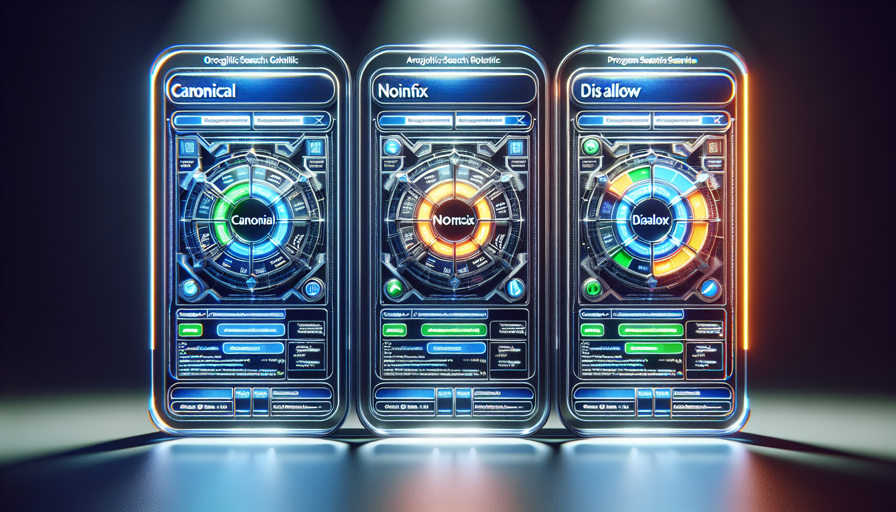 Comparison of Canonical, Noindex, Disallow methods on digital interface.
