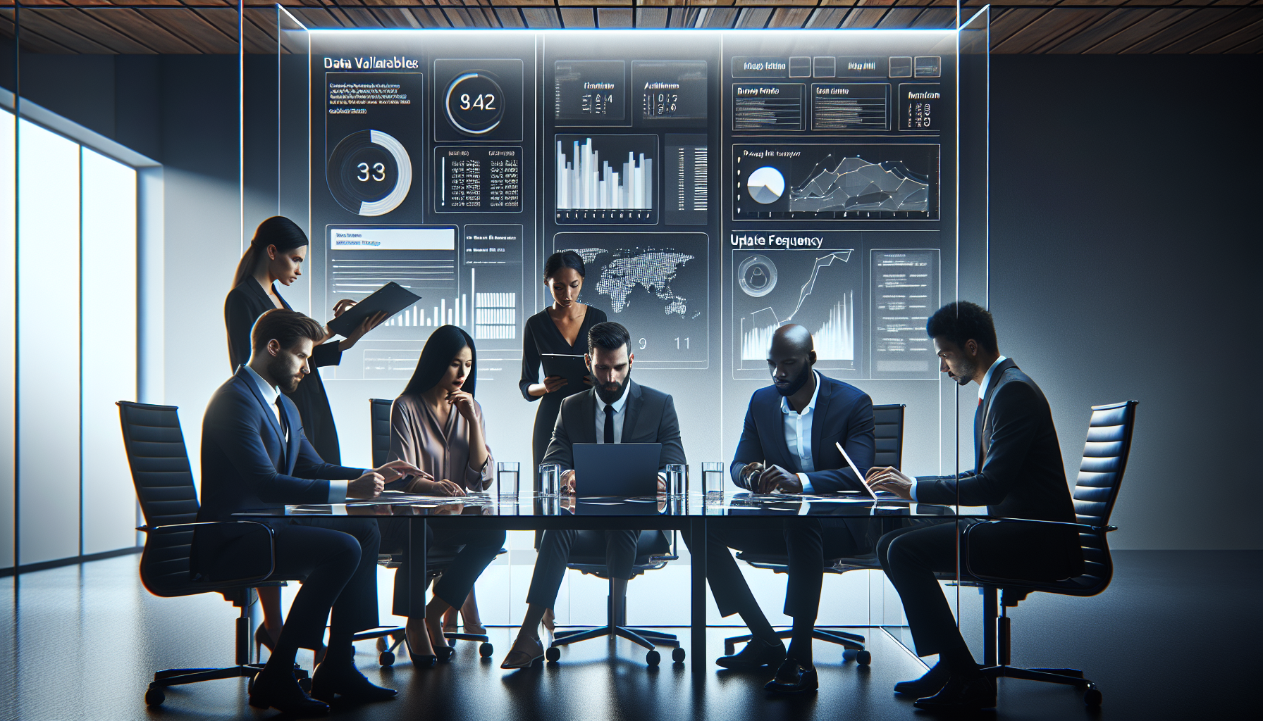 Analysts in conference room review data charts for SEO decisions.