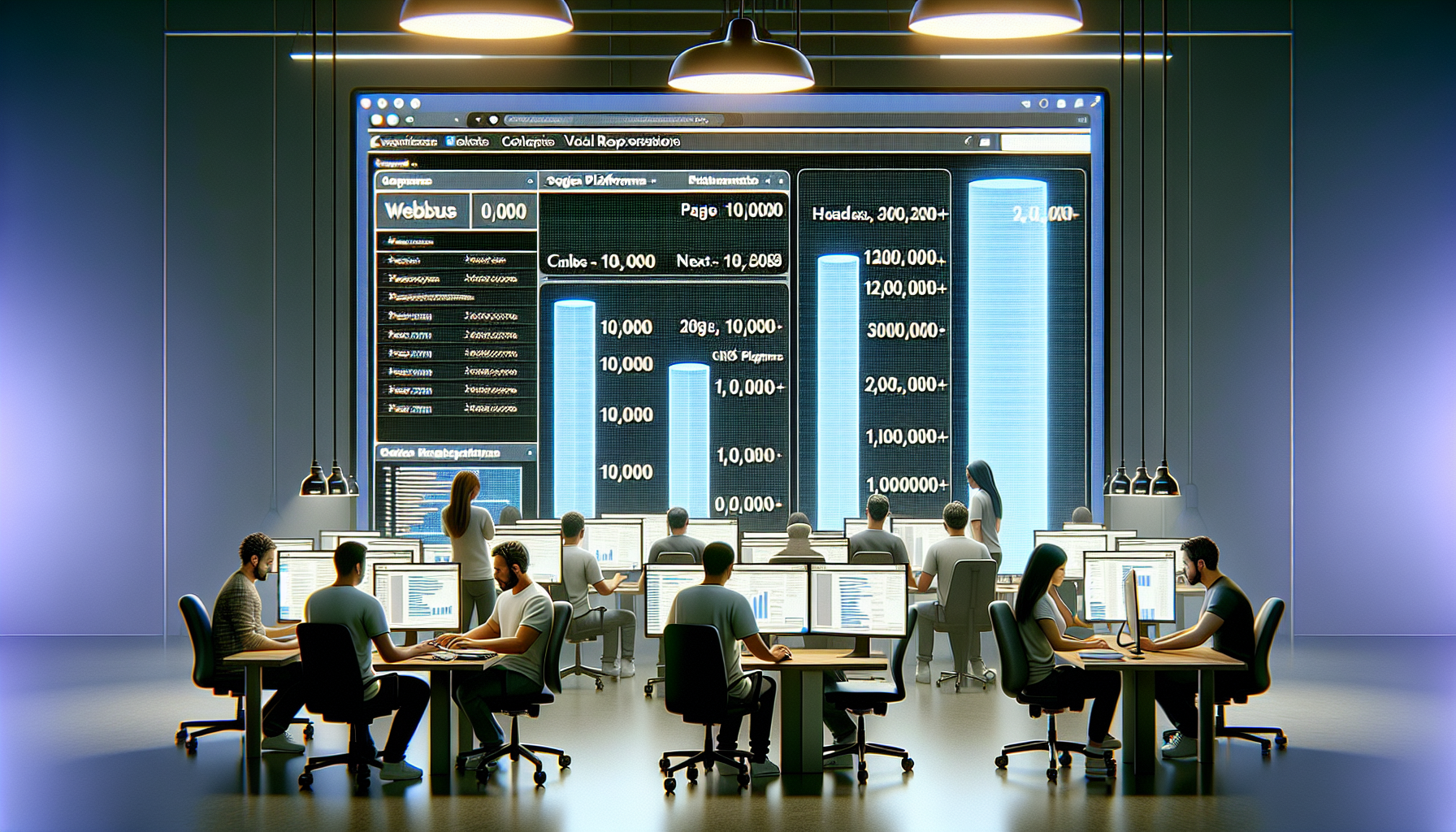 Developers in an office with screens showing CMS page counts.
