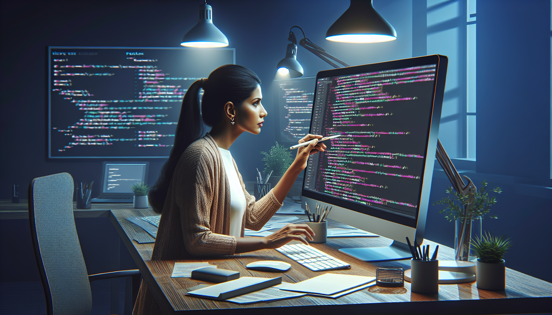 Web designer auditing webpage templates on a large monitor.