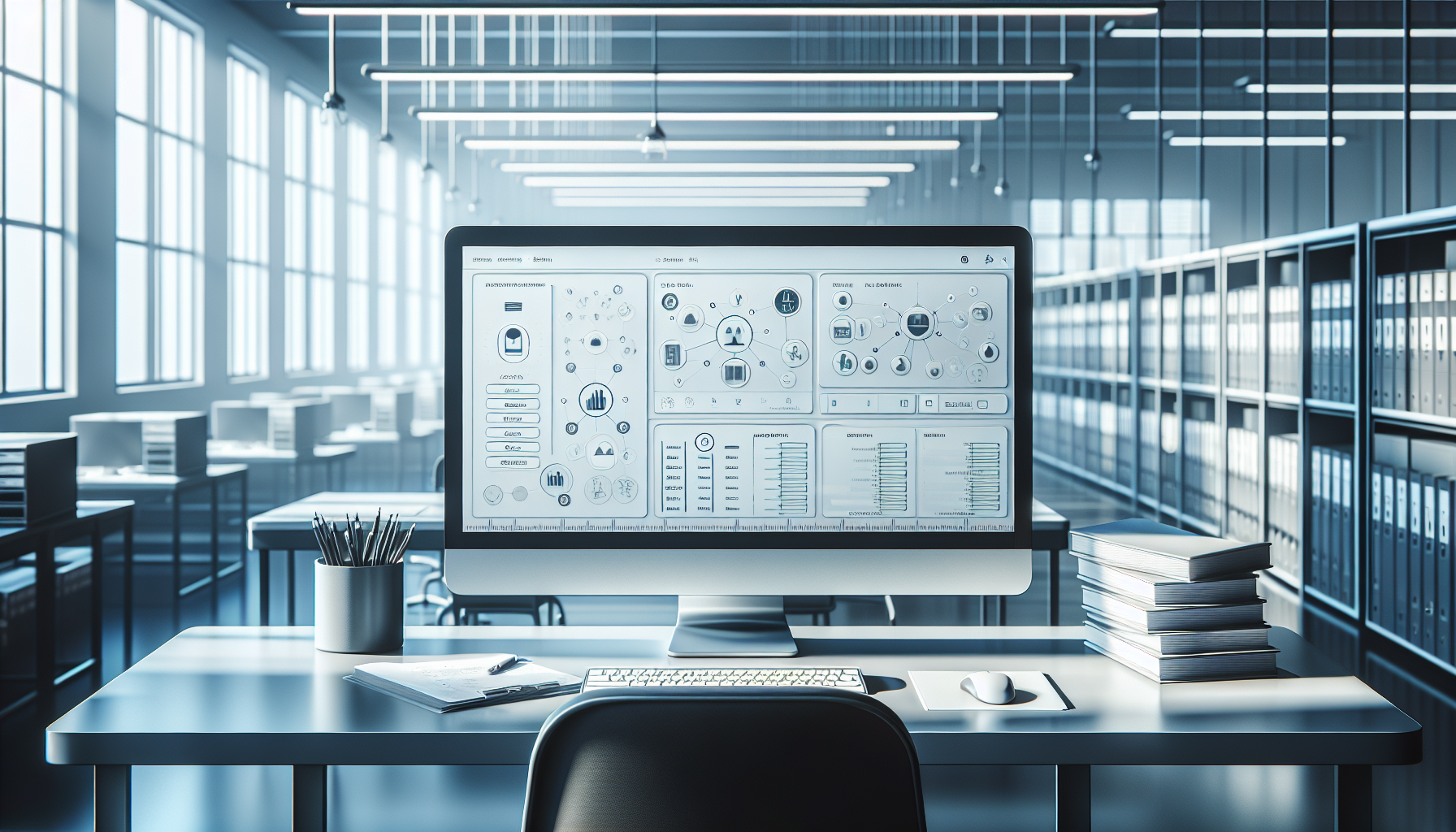 Office with computer showing Airtable views for data mapping.