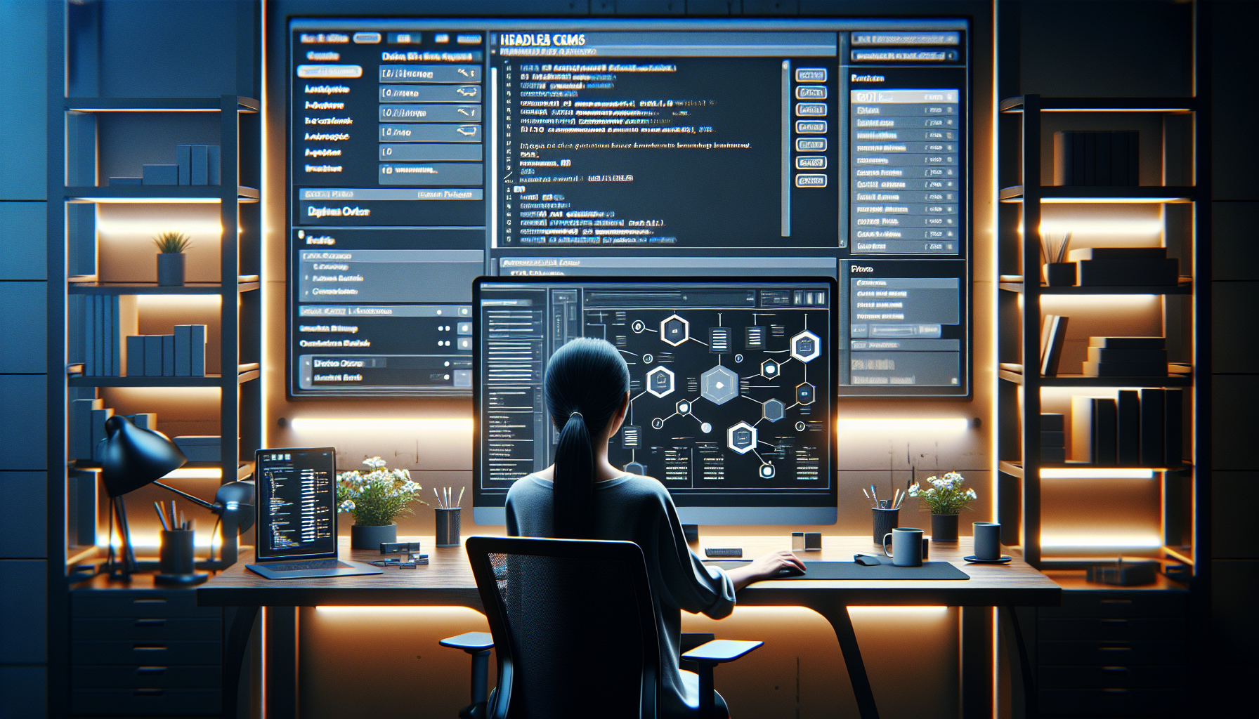 Programmer configuring headless CMS fields on a computer screen.