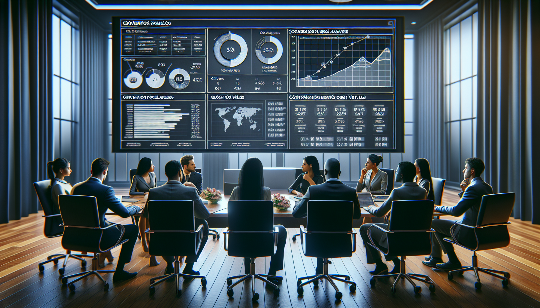 Data analysts evaluating conversion funnel analysis in a conference room.