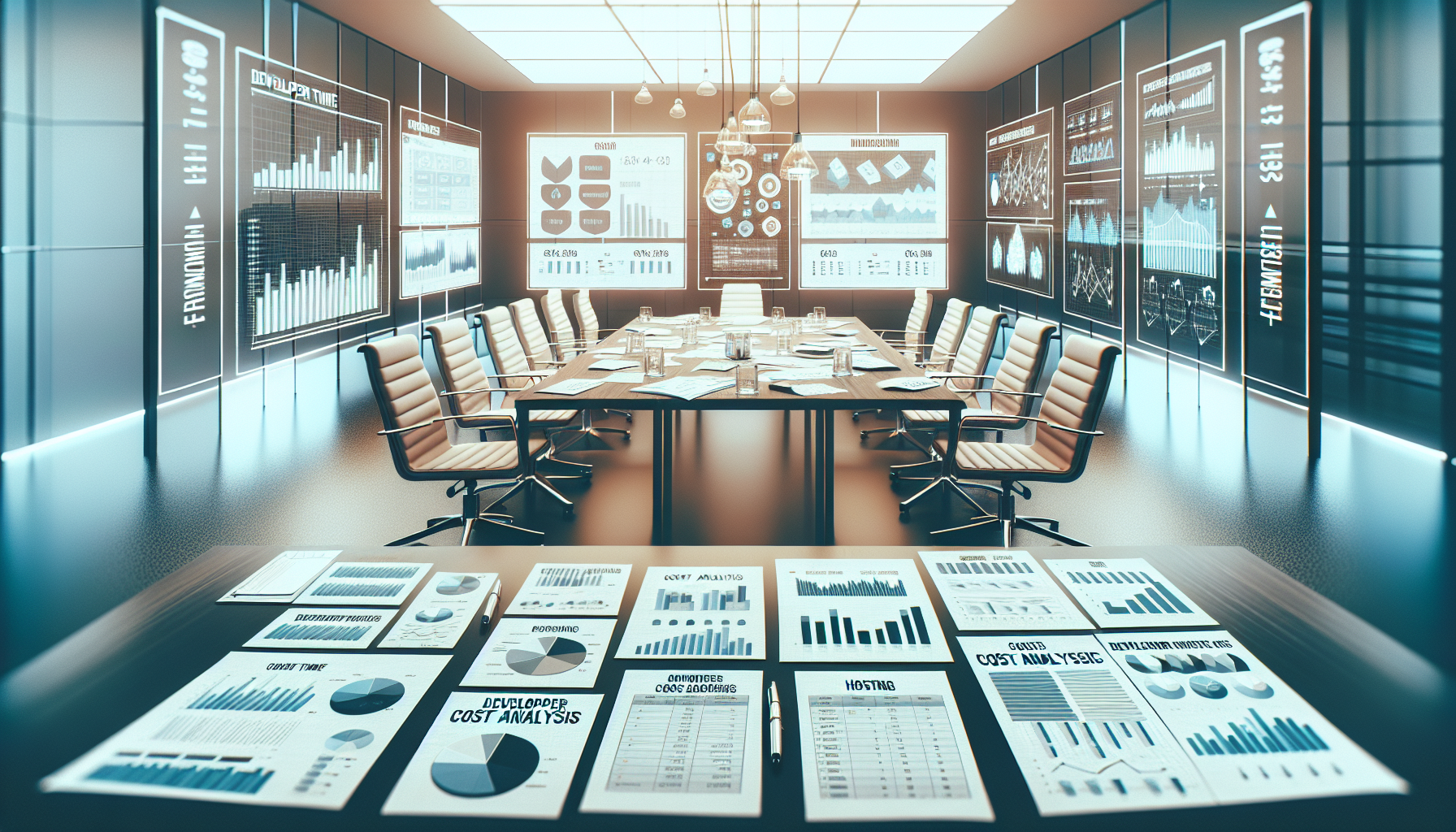 Meeting room table with financial documents and cost analysis screens.