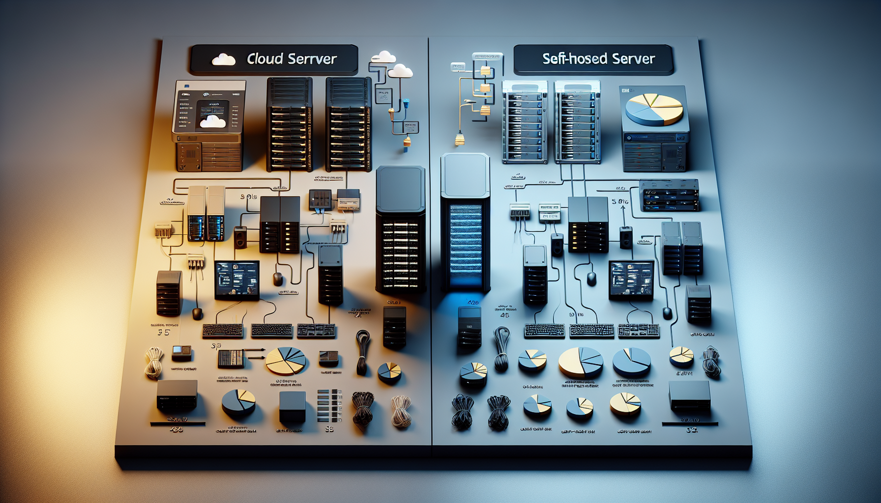Comparison of cloud and self-hosted server setups with cost charts.