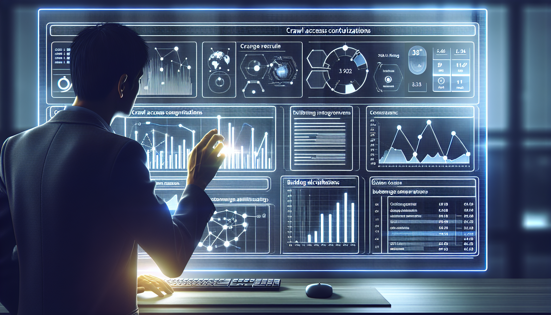 Dashboard with crawl access configurations and metrics, person analyzing data.