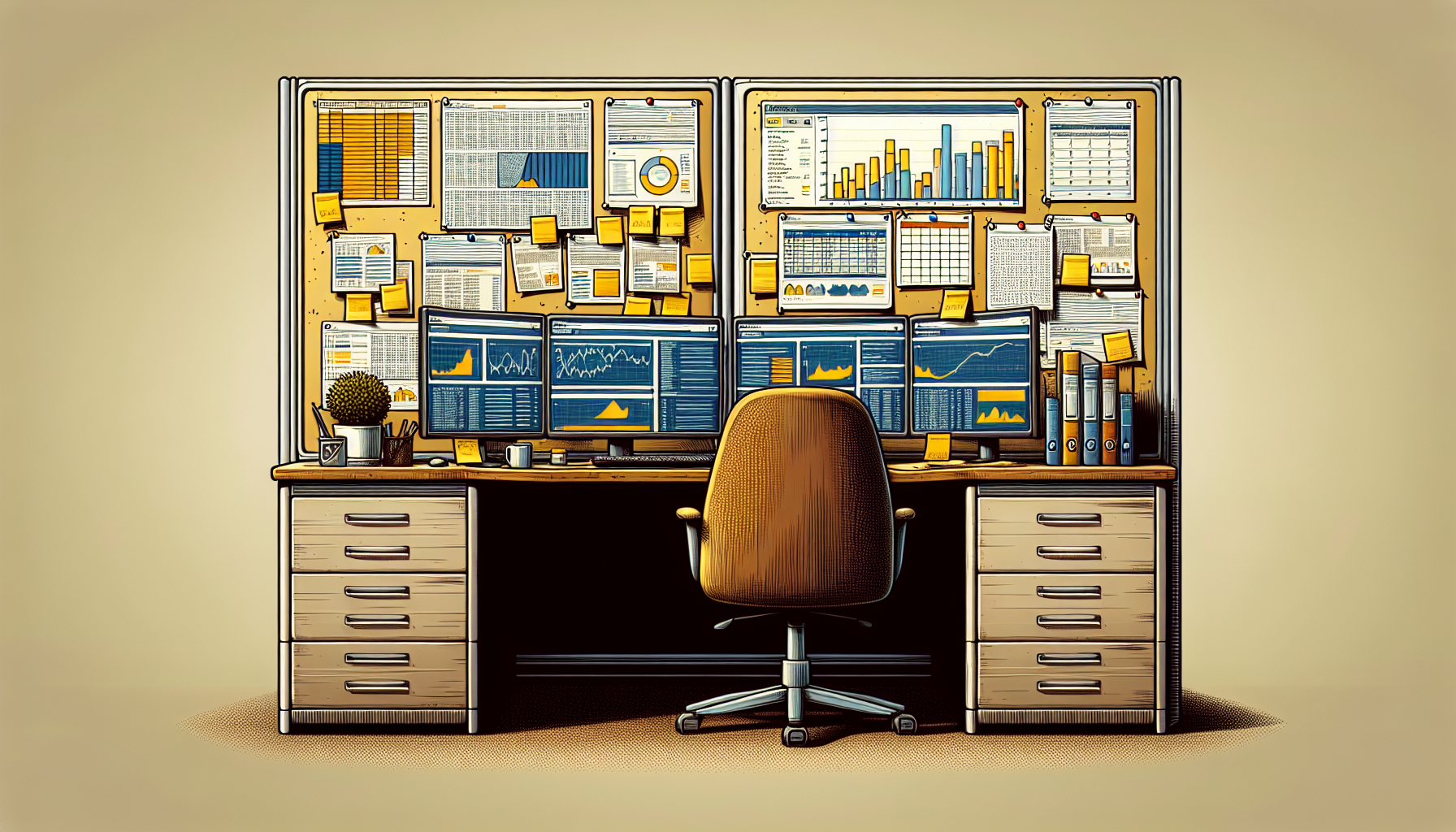 Two digital dashboards compared on a screen in an office cubicle.