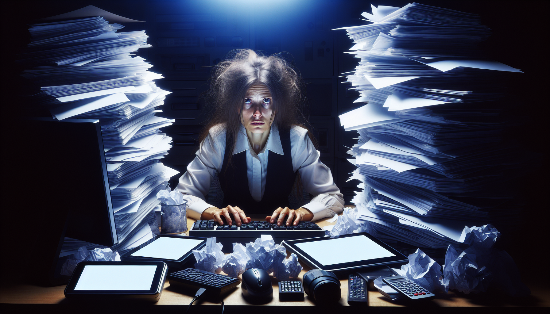 IT professional working late, surrounded by papers, dealing with large-scale SEO.