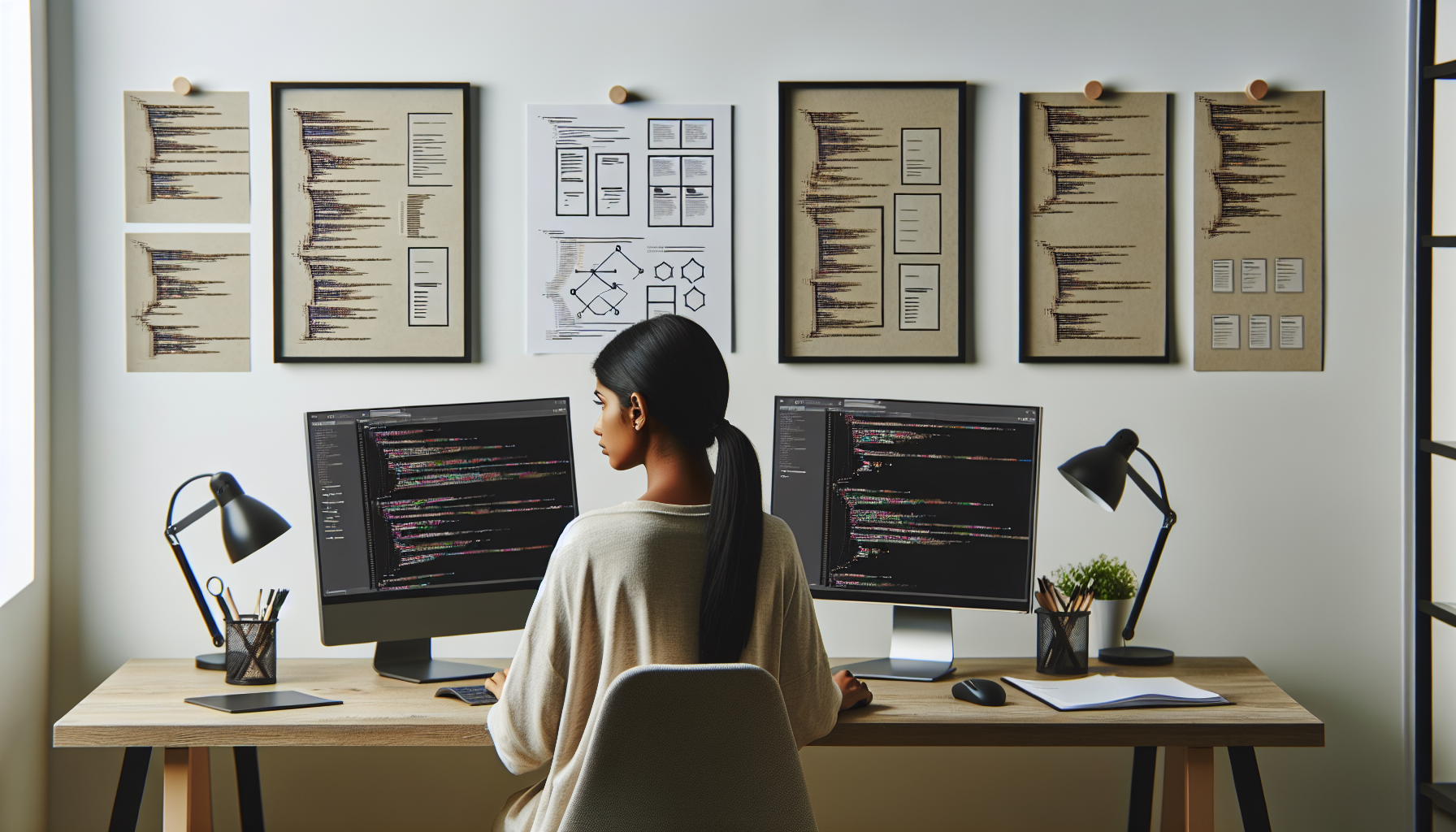 Developer analyzing web templates on dual monitors in a workspace.