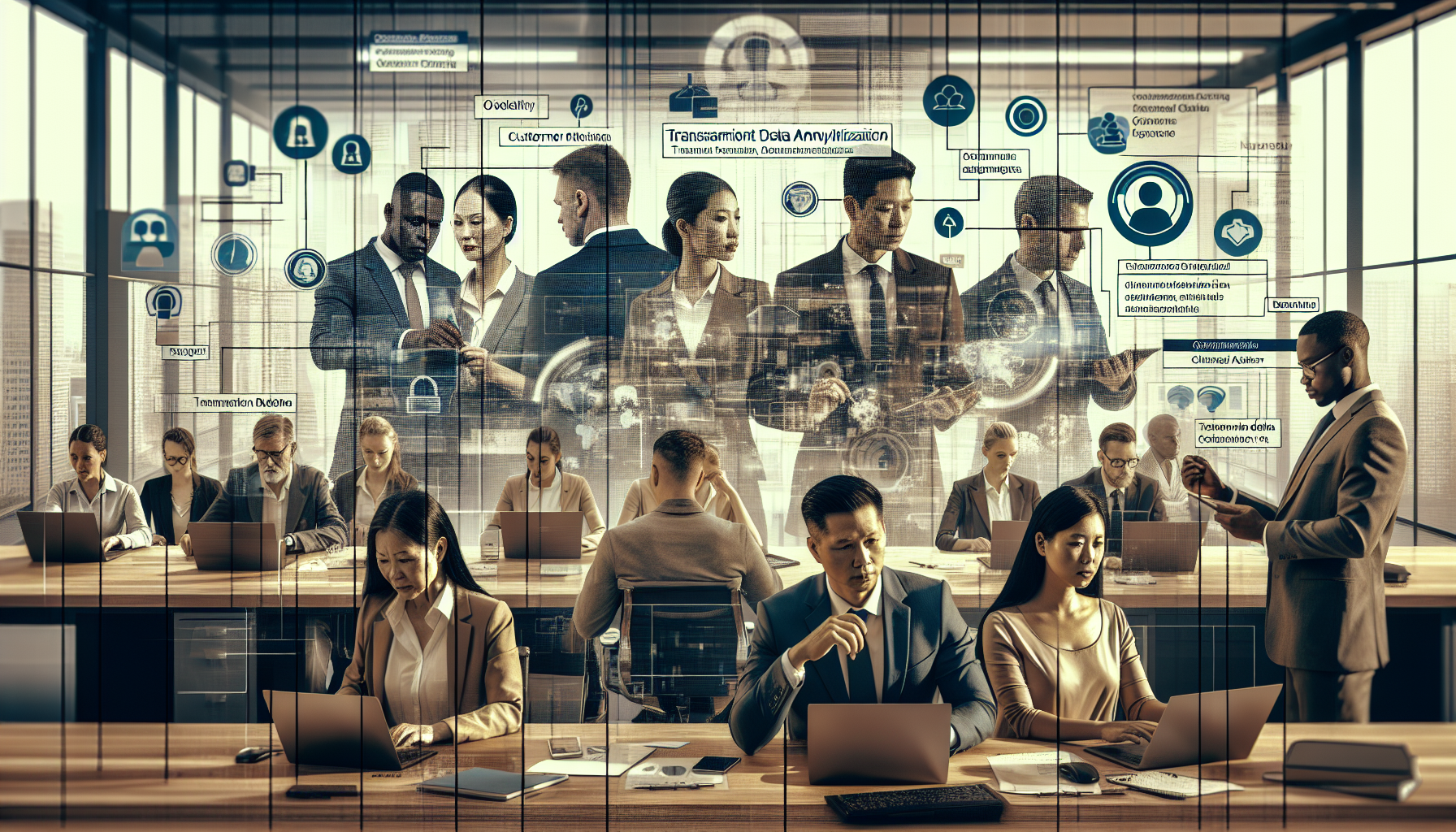 Professionals integrating customer data in a tech-driven workspace.