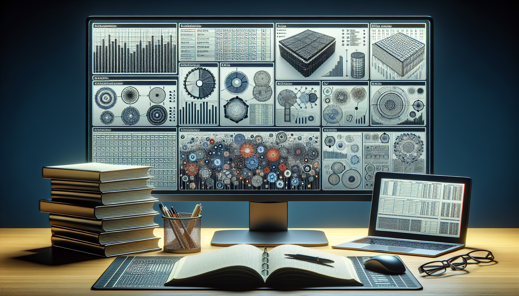 Database tables on monitor, focused workspace with notebooks.