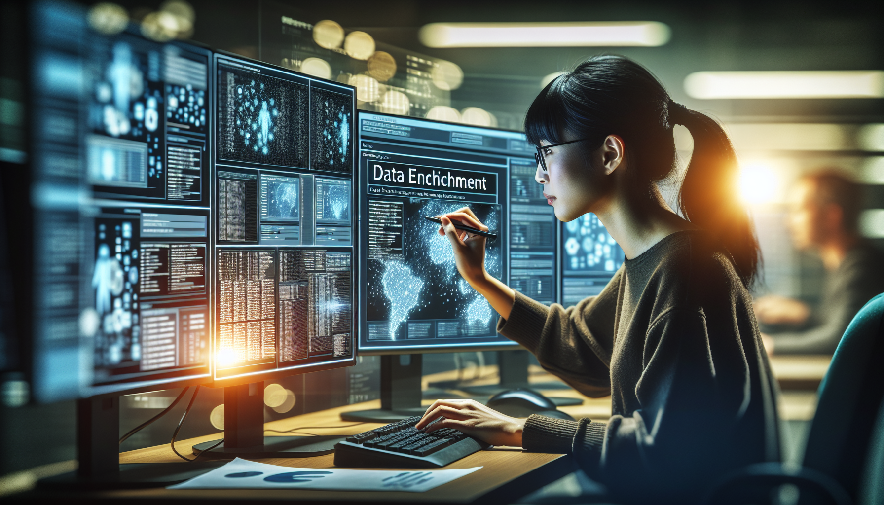 Tech specialist enhancing data sets on a computer.