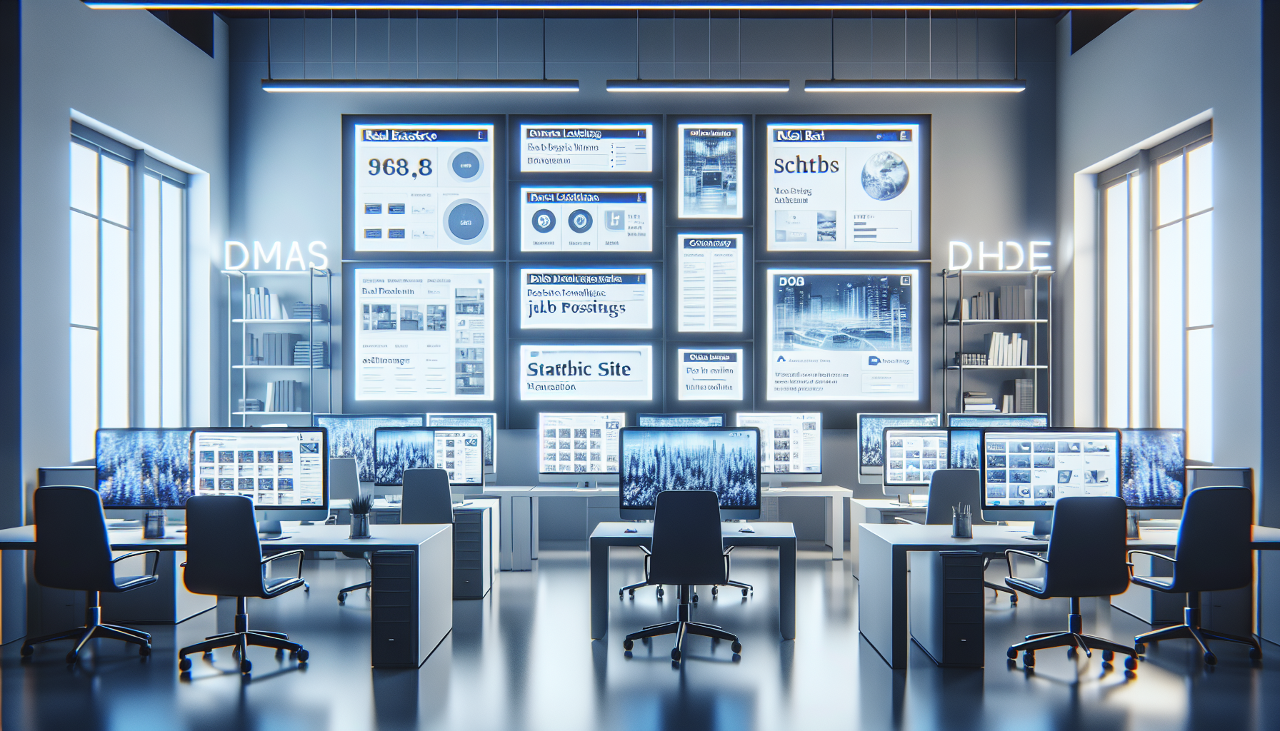 Office with screens showing real estate listings and product catalogs.
