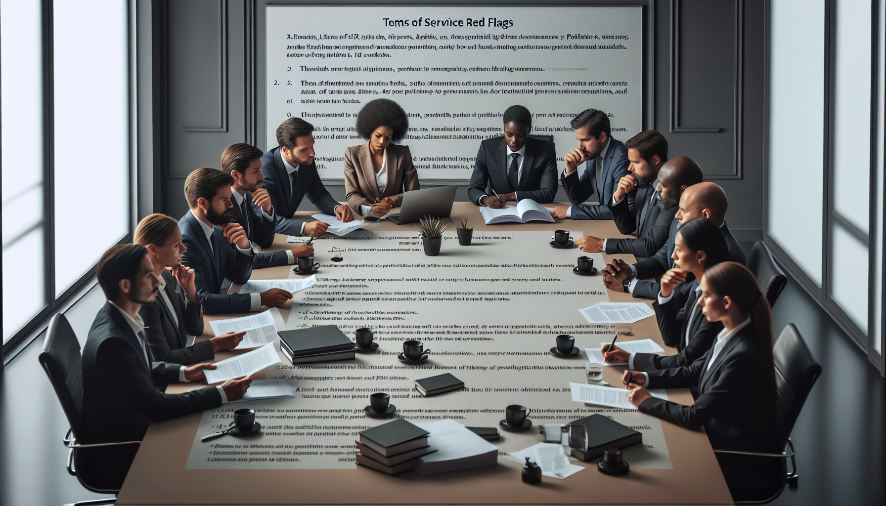 Lawyers examining API licensing documents in a meeting room with serious ambiance.