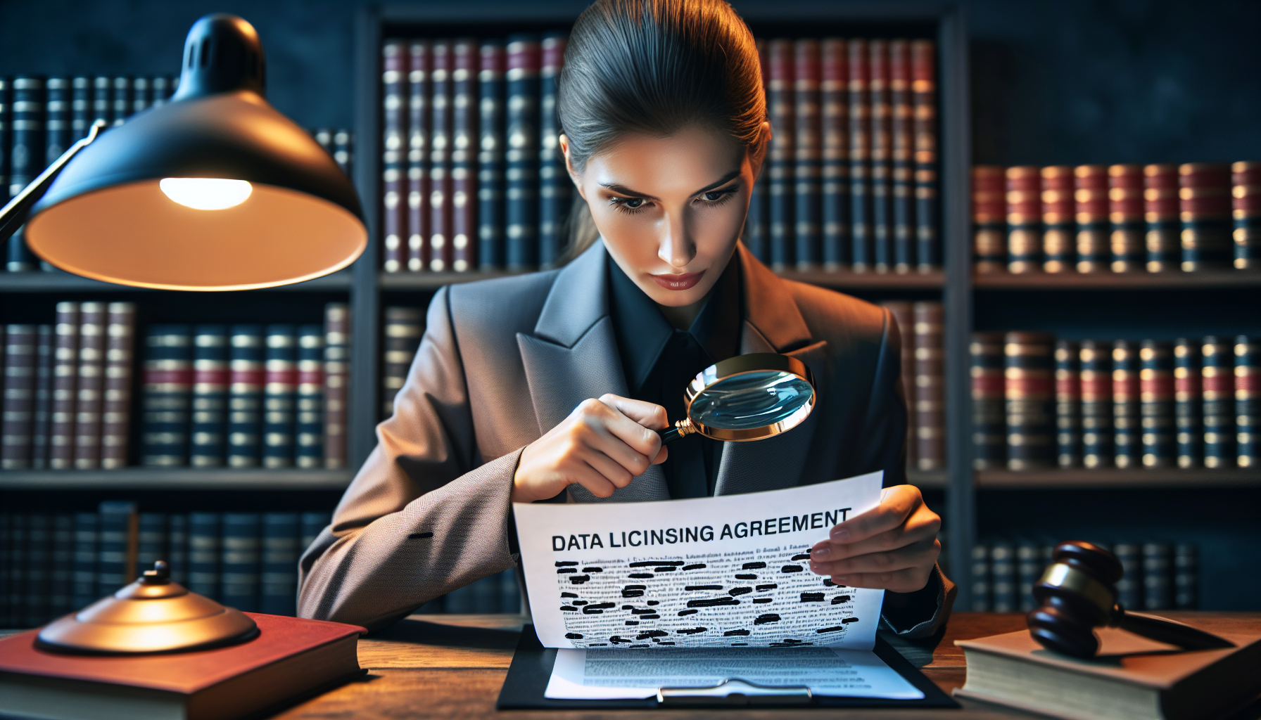 Lawyer reviewing data licensing agreement with magnifying glass.