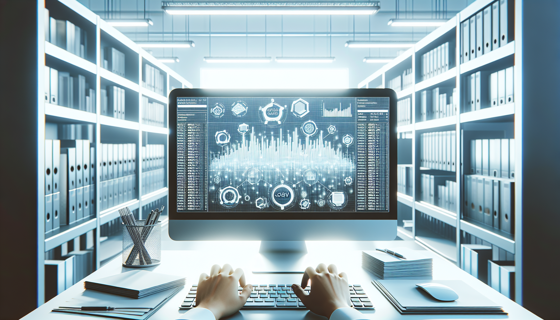Workstation with CSV files showing data export process.