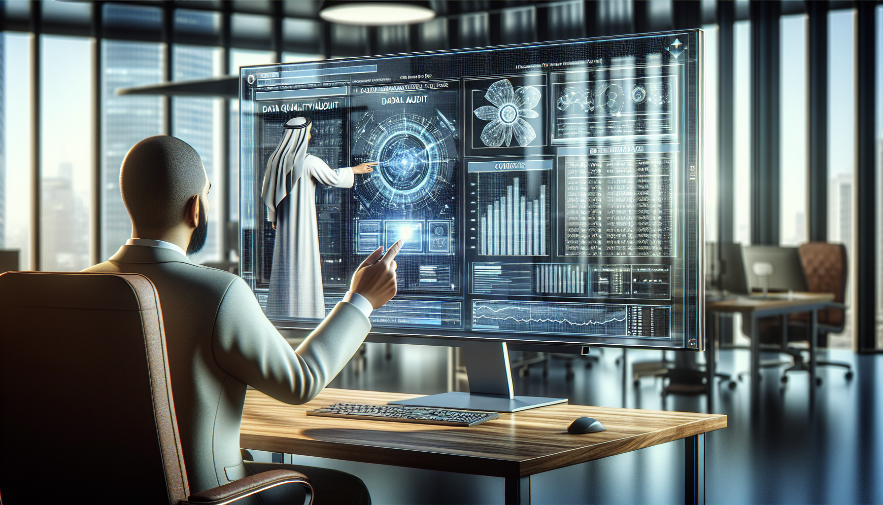 Computer screen with data quality audit and person pointing at data fields.