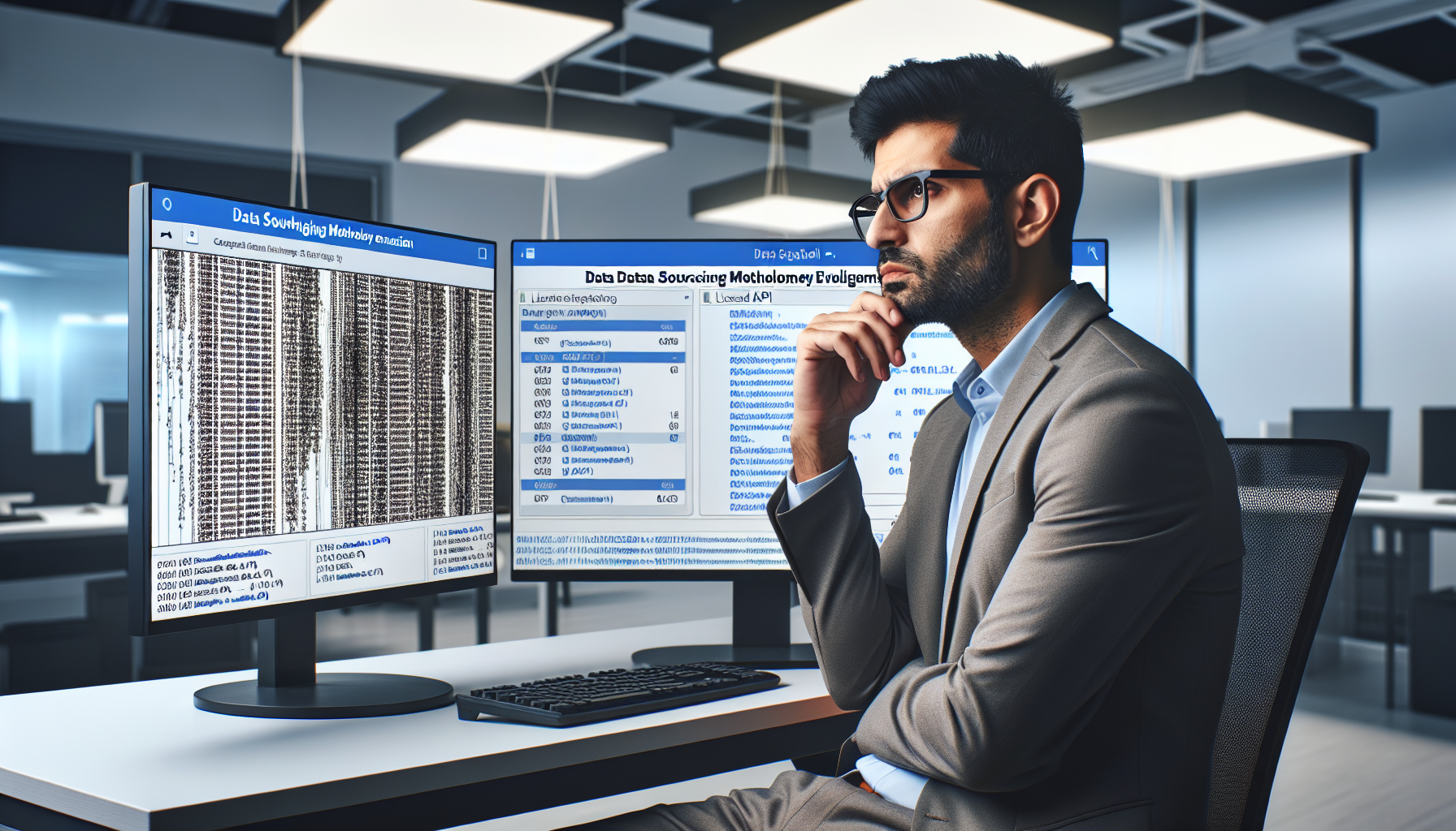 Strategist comparing scraped data and licensed APIs on dual monitors.