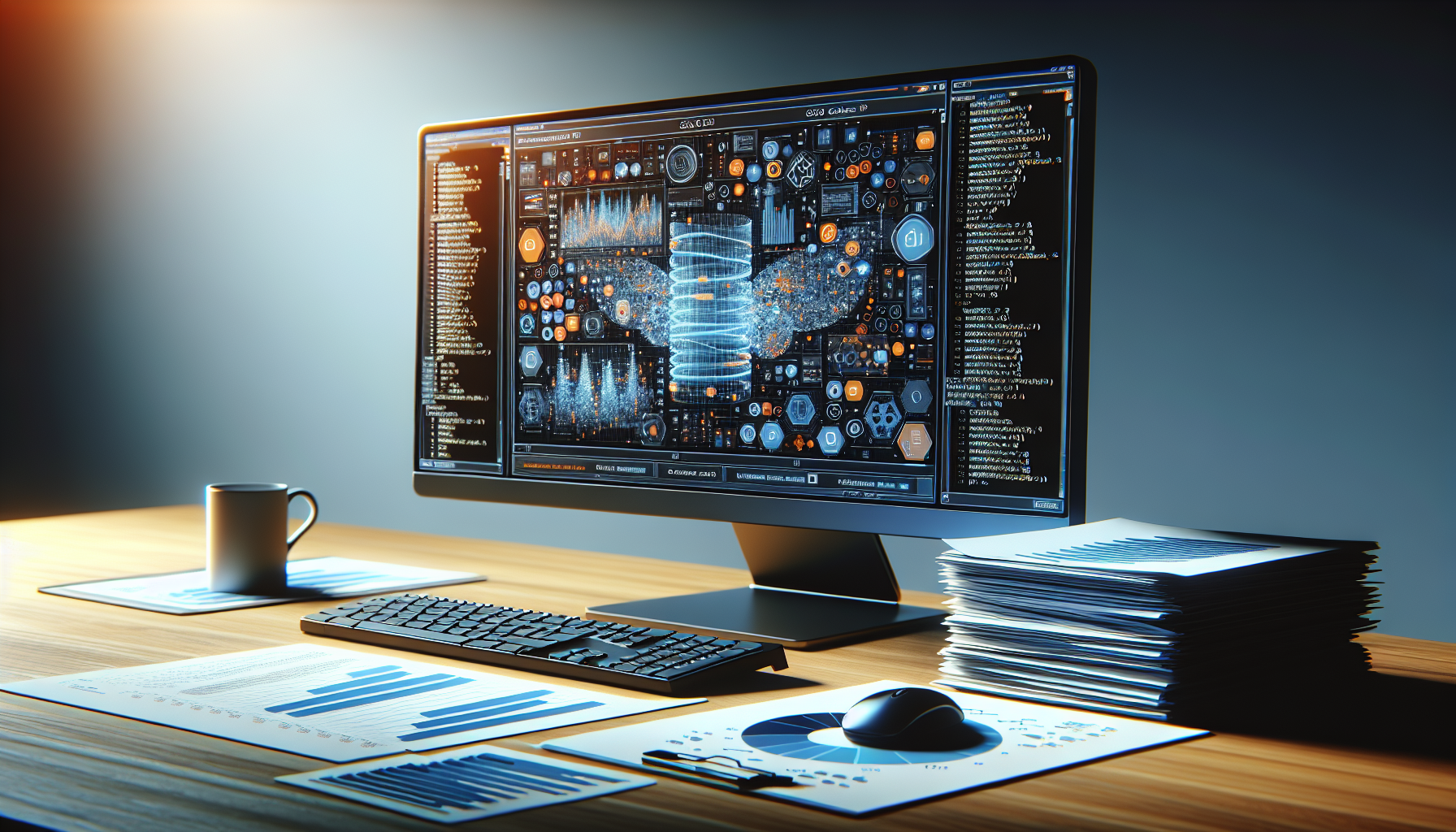 Monitor showing SQL queries and API interface, CSV files on desk.