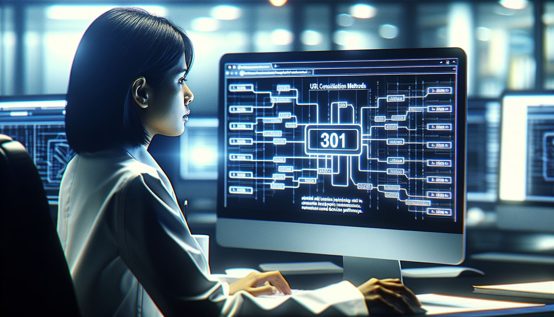 Technician reviewing URL consolidation flowchart on a screen.