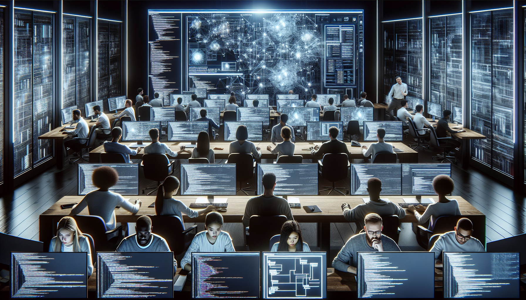 Engineers collaborating on custom SEO system in a tech-focused development room.