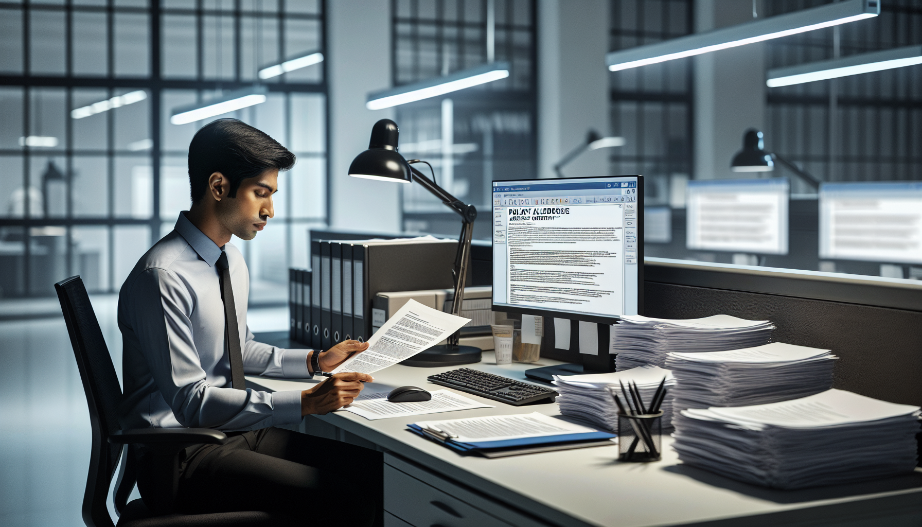 Google reviewer analyzing compliance documents at a desk.