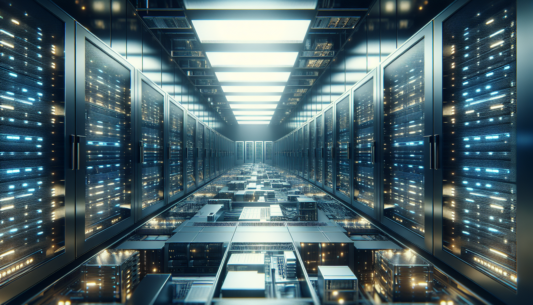 CDN data center with servers processing requests, sharp focus and clean lighting.