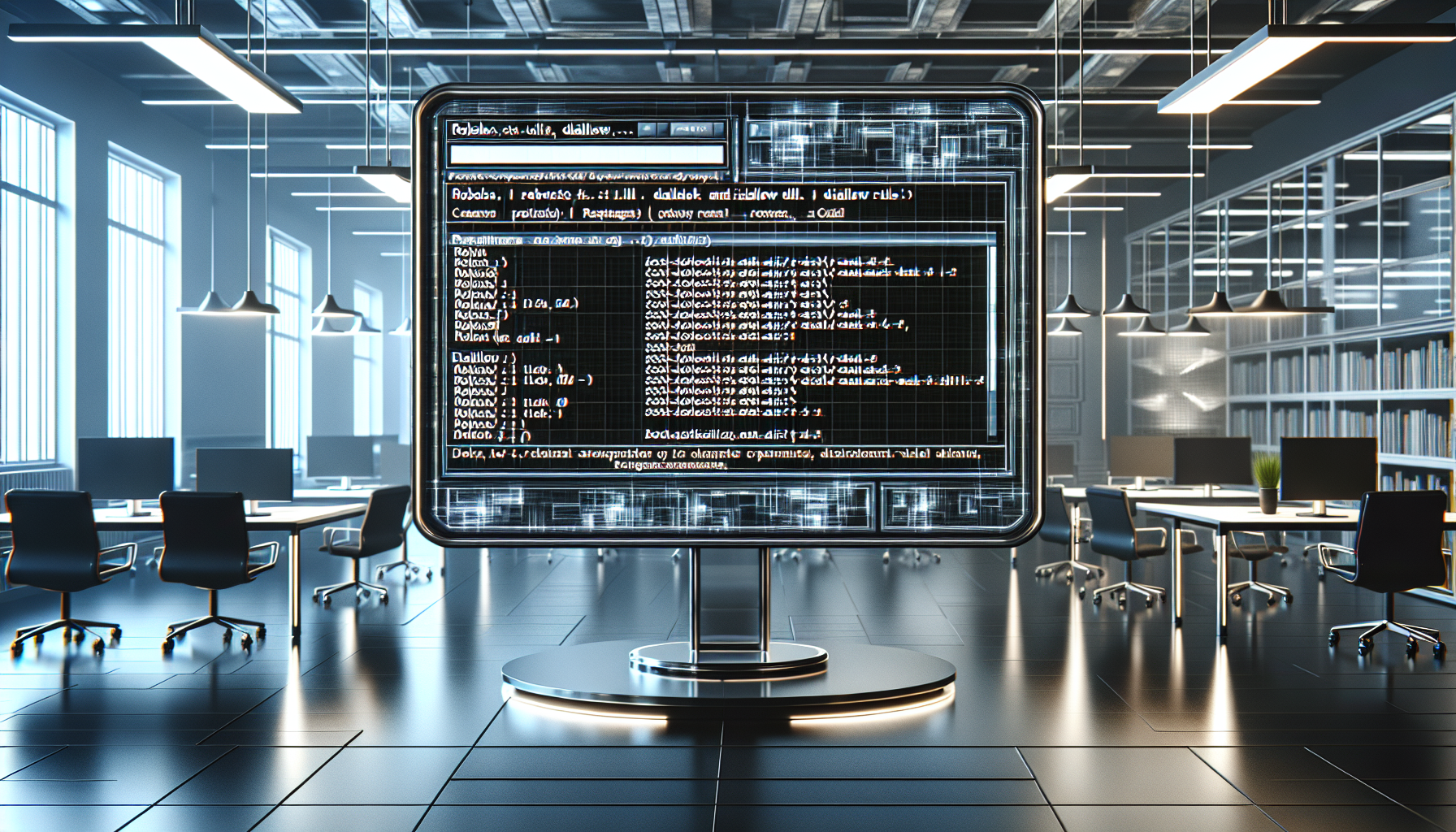 Digital display with robots.txt patterns and disallow rules in tech office.