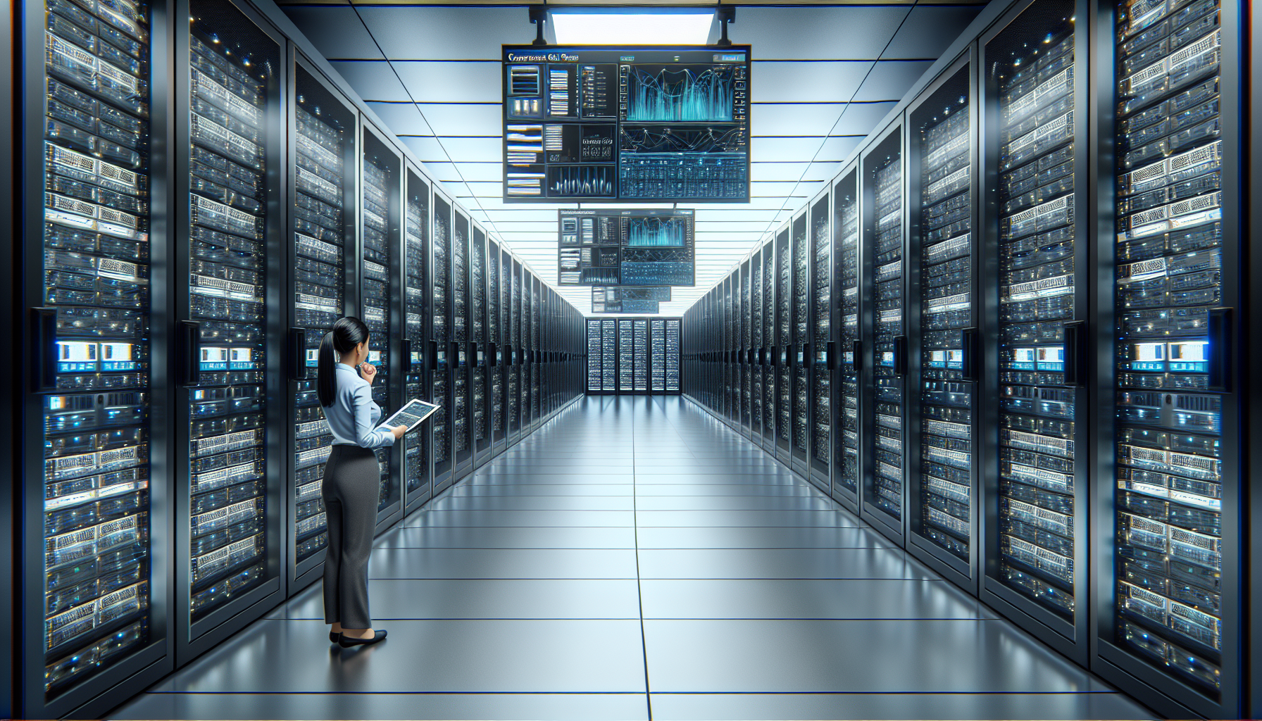 Technician monitoring servers in a corporate IT room with extensive infrastructure.