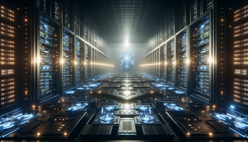 Futuristic data center with glowing servers and holographic displays.