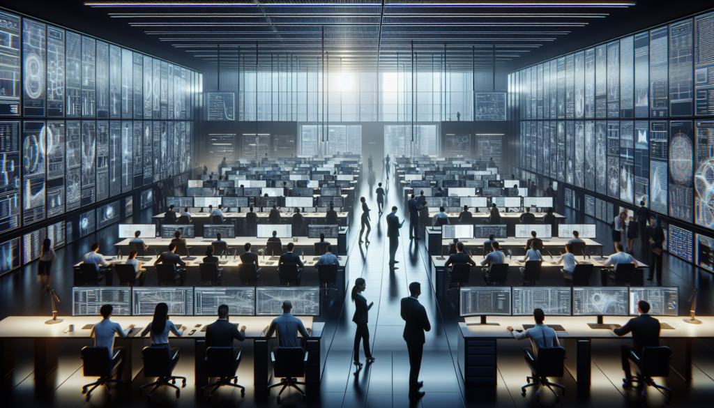 Professionals analyzing digital blueprints in high-tech office with dramatic lighting.
