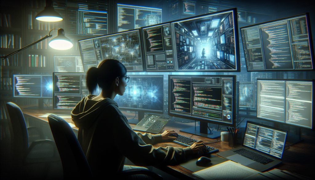 Programmer working in a high-tech office surrounded by screens showing data.