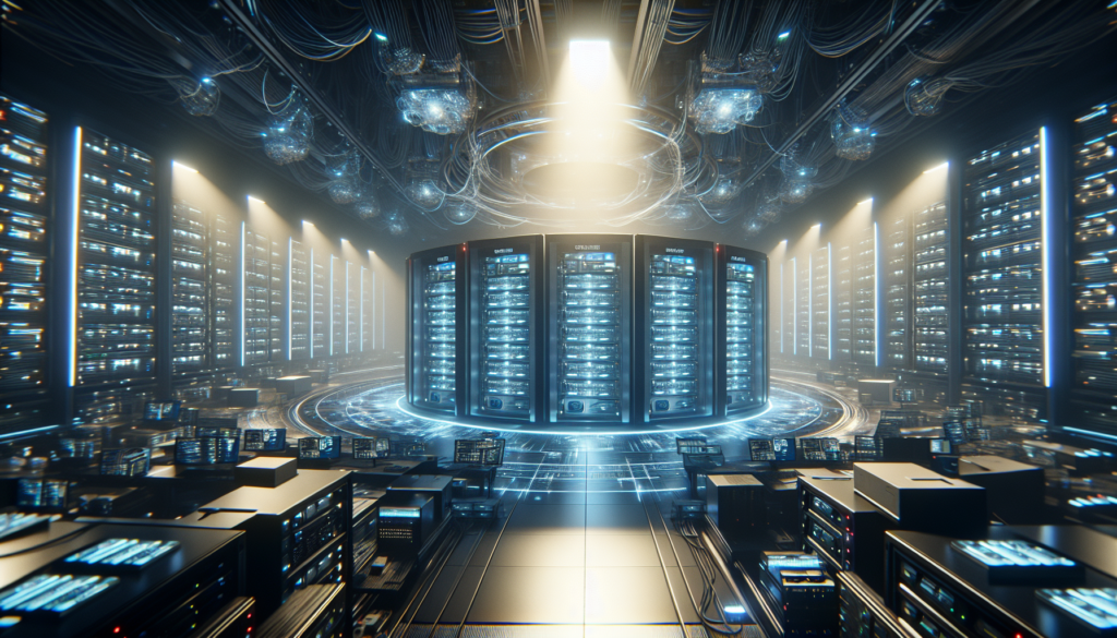 Futuristic server room with glowing servers, 8k resolution, dramatic lighting.