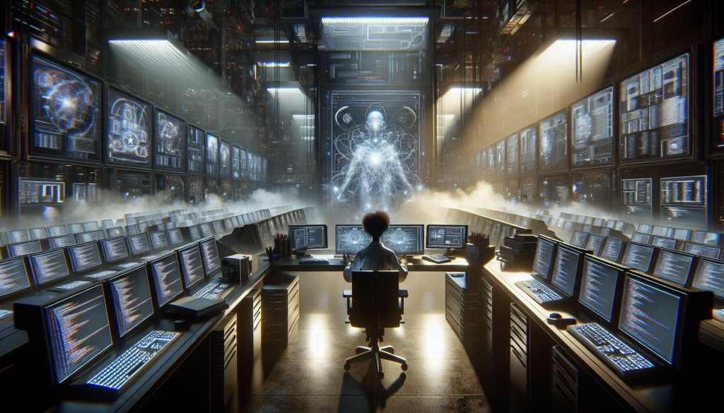 Engineer in a high-tech workspace with screens displaying code, dramatic lighting.