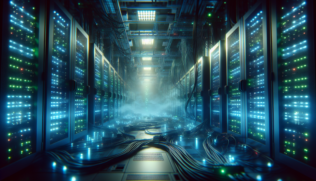 Cinematic server room with glowing data servers and cables, dramatic lighting.